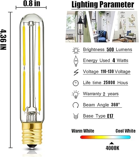 Miniatura 2 de Bombilla de filamento tubular E17 LED T6.5, bombillas LED regulables de 4 W, 500 lm, luz diurna de 4000 K, equivalente a bombilla incandescente de
