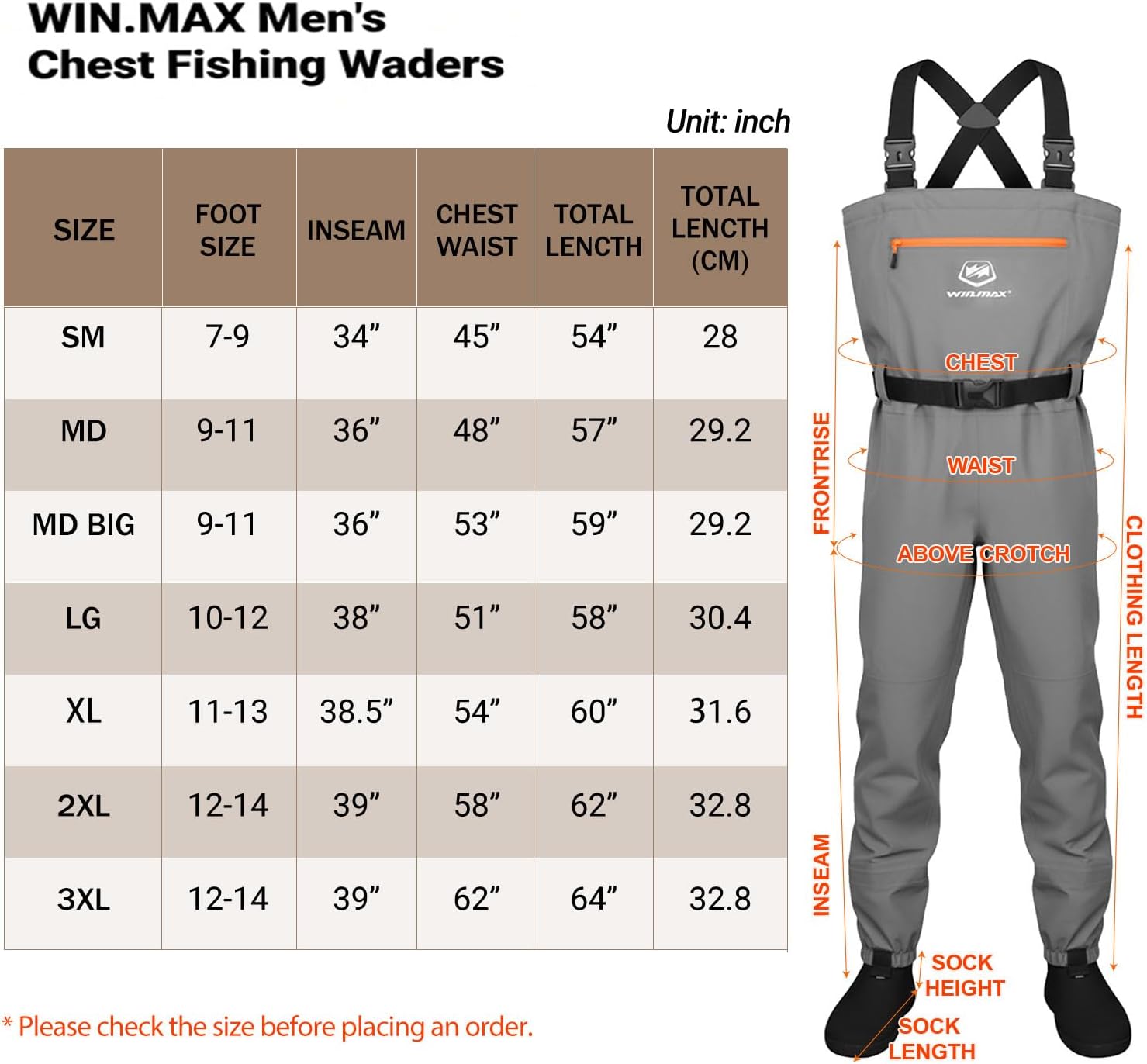WIN.MAX Chest Fishing Waders for Men and Women, 3-Plyer Nylon Waterproof Lightweight Waders with 4mm Neoprene Stockingfoot Medium