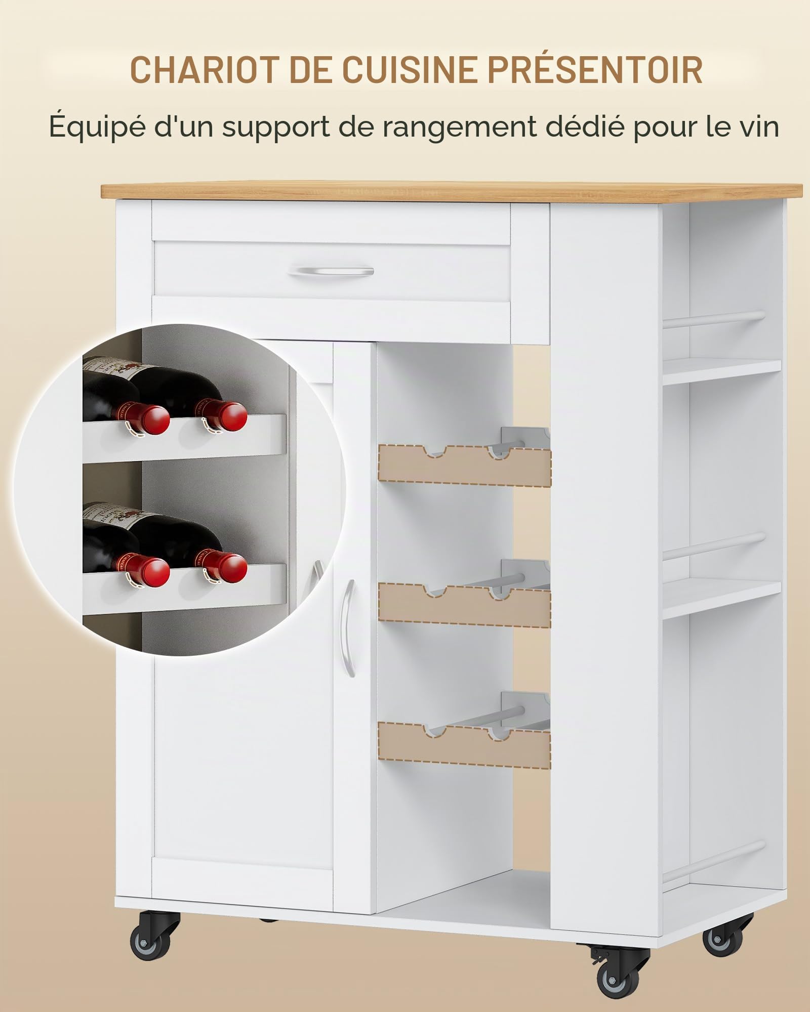 Hzuaneri Chariot de Rangement à 3 Niveaux, Étagère de Cuisine, Chariot de Cuisine à roulettes, Casier à Vin, pour Les Cuisines, Les Salons et Les Salles à Manger, 68 × 86 × 40 cm, Blanc ST03003W