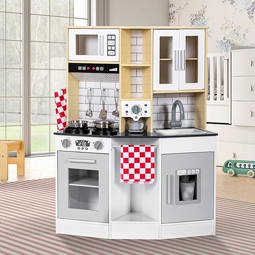 Miniatura 1 de Juego de cocina para niños, cocina de madera con grifo, fregadero, microondas, horno, delantal, gabinetes, juego de juguetes de cocina con sonido y