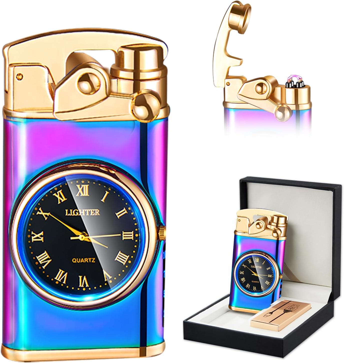 SKRFIRE Electric Plasma Electric Arc Lighters, Windproof Lighter, Metal Lighter Luminous Real Watch dial LED Lighting (Color)