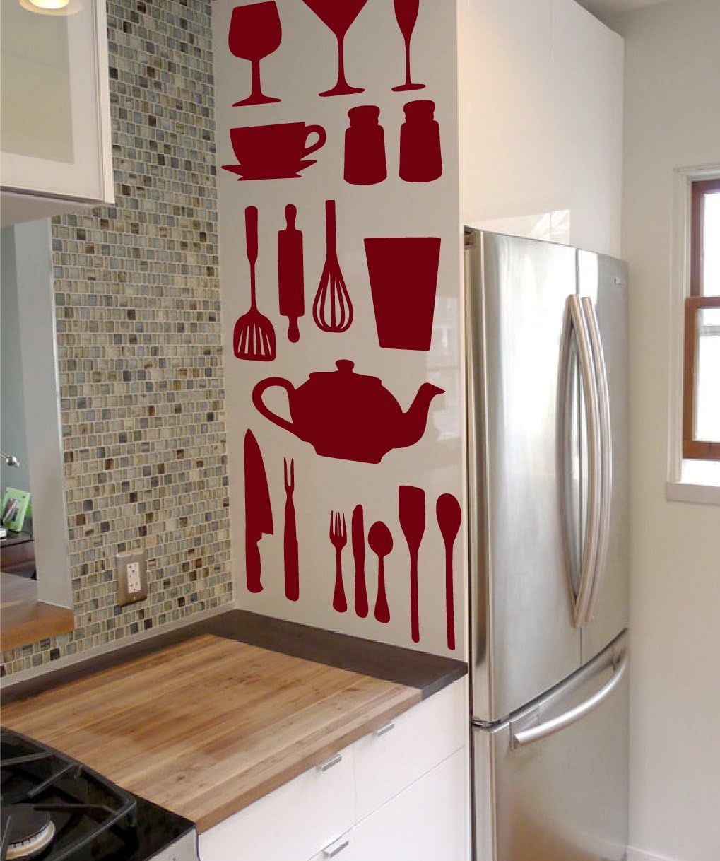 Kitchen Cooking Utensil Vinyl Decal Stickers - DIY Removable Decor - Spatulas Plates Cups Bowls Wisks Set (Black, 37x29 inches)