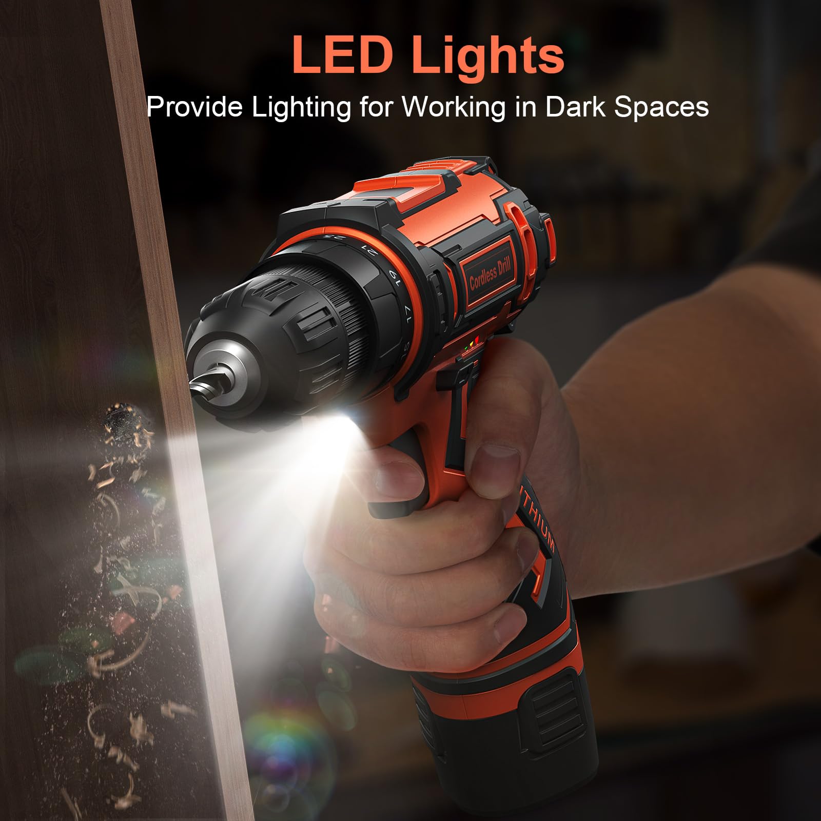 Set di trapano senza fili, 12 V, mandrino autoserrante da 3/8", con 92 accessori, luce LED integrata, 25+1 posizione, trapano elettrico per progetti fai da te domestici (arancione)