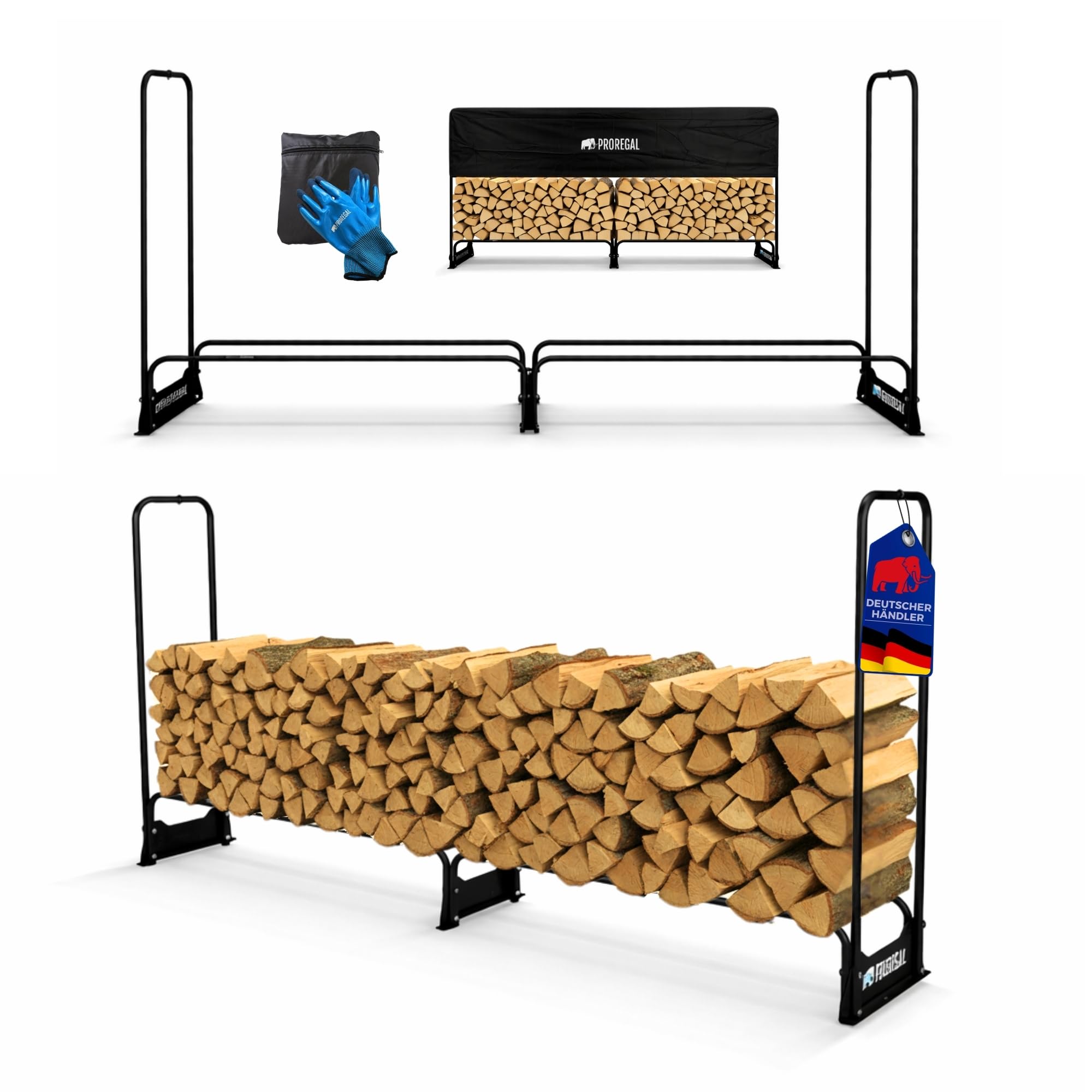 PROREGAL Portalegna CHIMERA | Uso esterno | AxLxP 117x260x36 cm | Include copertura e guanti | Metallo | Nero