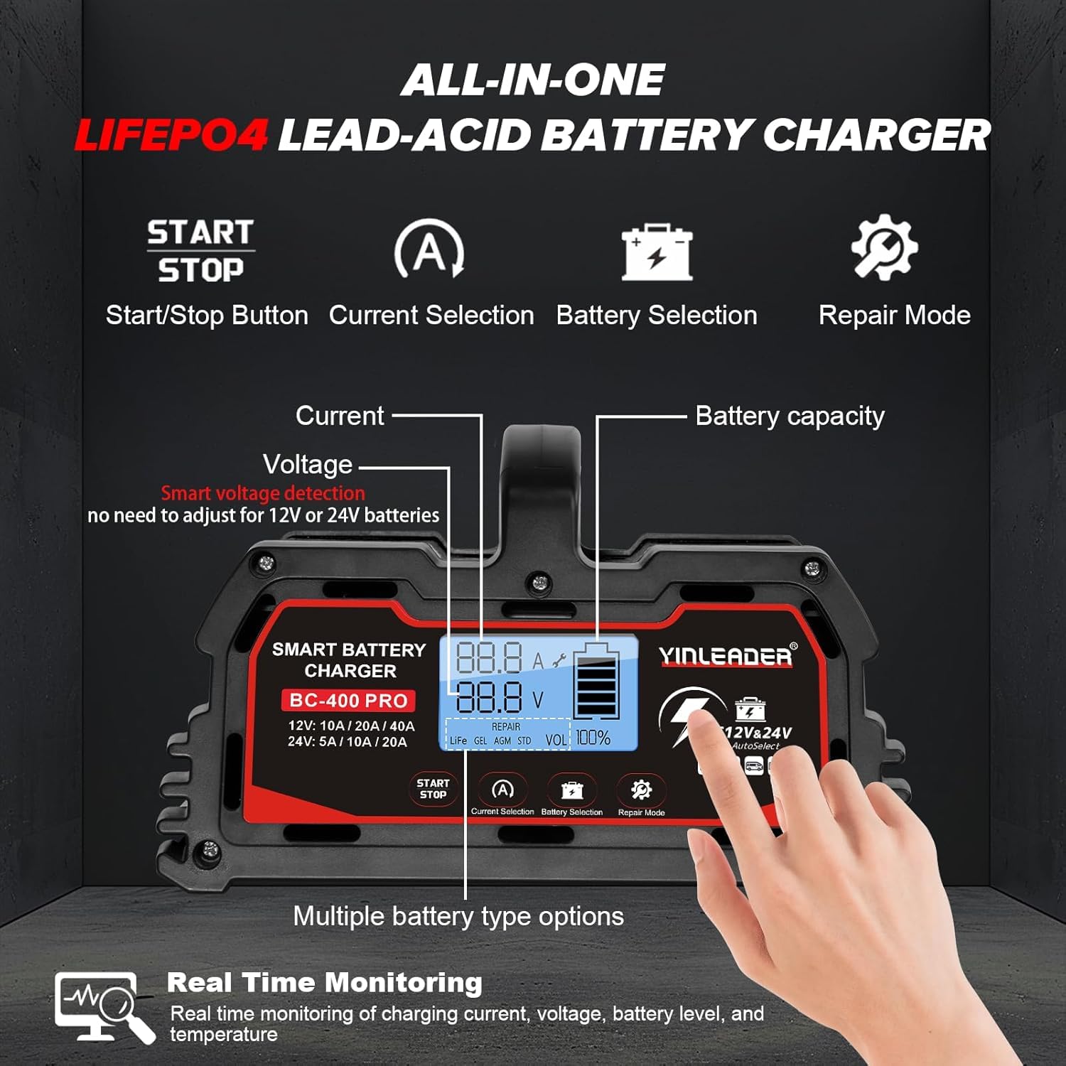 Yinleader Cargador de batería inteligente 40A 12V/24V 20A Cargador de coche LCD Soporte de batería para AGM Moto