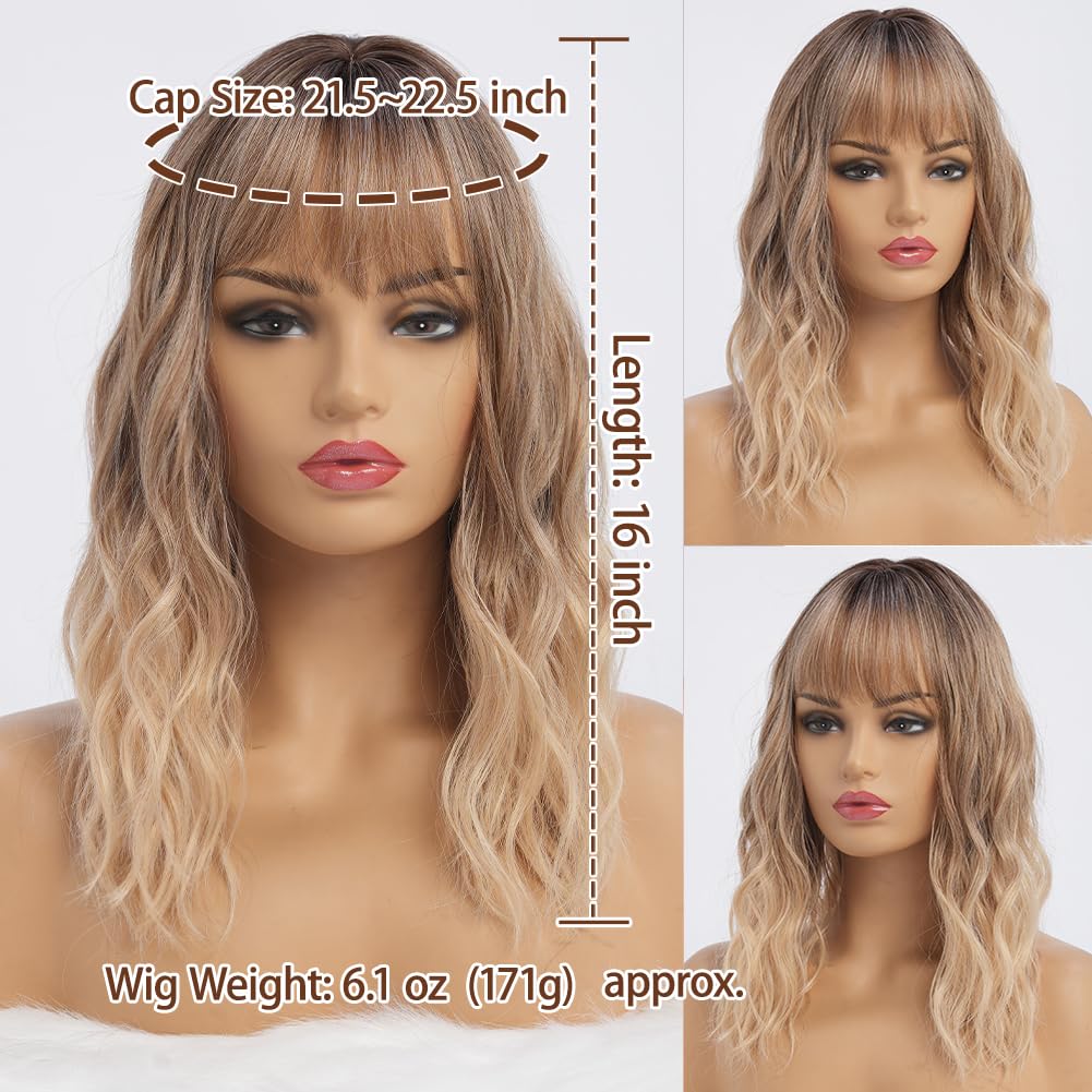 Simkaylee Blonde Perücke mit Pony 40cm Mittellang Gewellt Synthetisches Haar Ombre Blond Dunkler Ansatz Natürliche Haarlinie