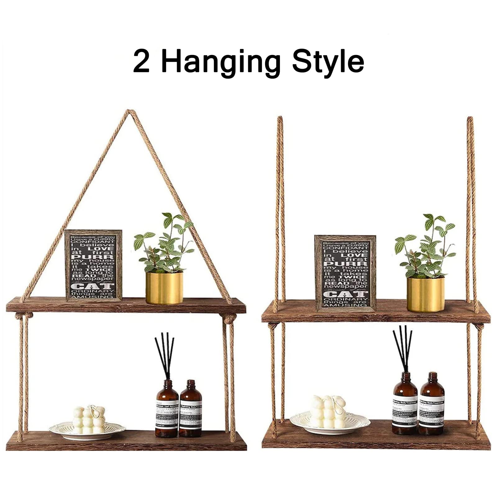 Hangende rekken voor aan de muur - Set van 2 houten touwplanken met 4 haken