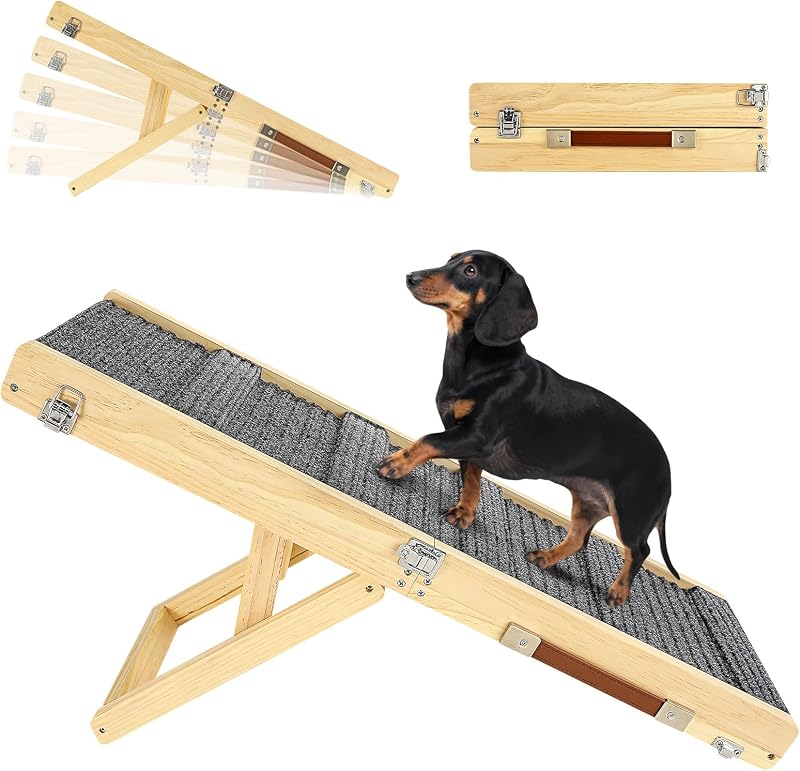 2026 Upgraded Small Dog Ramp for Couch Foldable, 5 Ajustable Height | Height from 9.8" to 20.5", Portable Stable Pet Steps with Non-Slip Pad, Pet Ramps Use for Sofa Couch Stairs, Wood