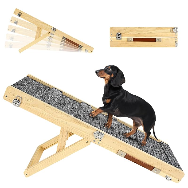 Rampa dobrável para cães com 5 alturas ajustáveis e tapete antiderrapante Pawaboo A-wood Color