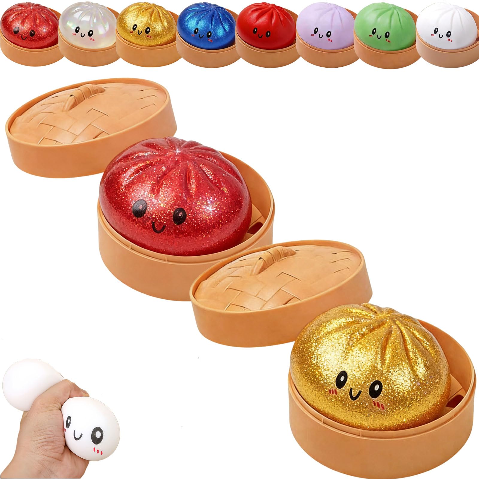 Dumpling Squishy, Squishy Dumpling Toy, Glitter Dumplings Squishiest Toy with Steamer Box, Stress & Anxiety Relief Toys for Kids & Adults Non-Edible (White) — view 17