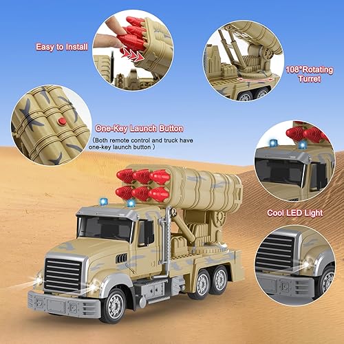 Miniatura 2 de Fistone Camión militar con misiles de control remoto, vehículos militares RC de 2.4 GHz, autos de juguete con 6 misiles lanzables, camión militar