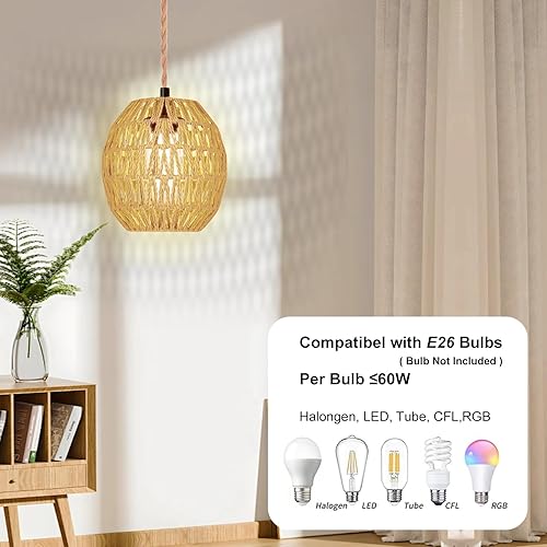 Miniatura 4 de Lámpara colgante de 16 pies con enchufe, luces colgantes de ratán con cable enchufable, lámparas colgantes que se enchufan a la toma de pared,