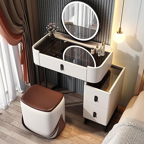 Miniatura 13 de Vanity Desk with Mirror and Drawers, White Vanity with Mirror, Wooden Makeup Desk for Bedroom Dressing Room, with Adjustable Brightness Mirror,White