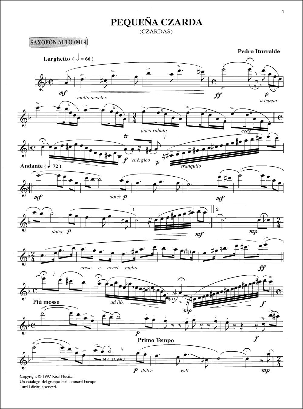 Pedro Iturralde: Pequeña Czarda, para Saxofón Alto y Piano