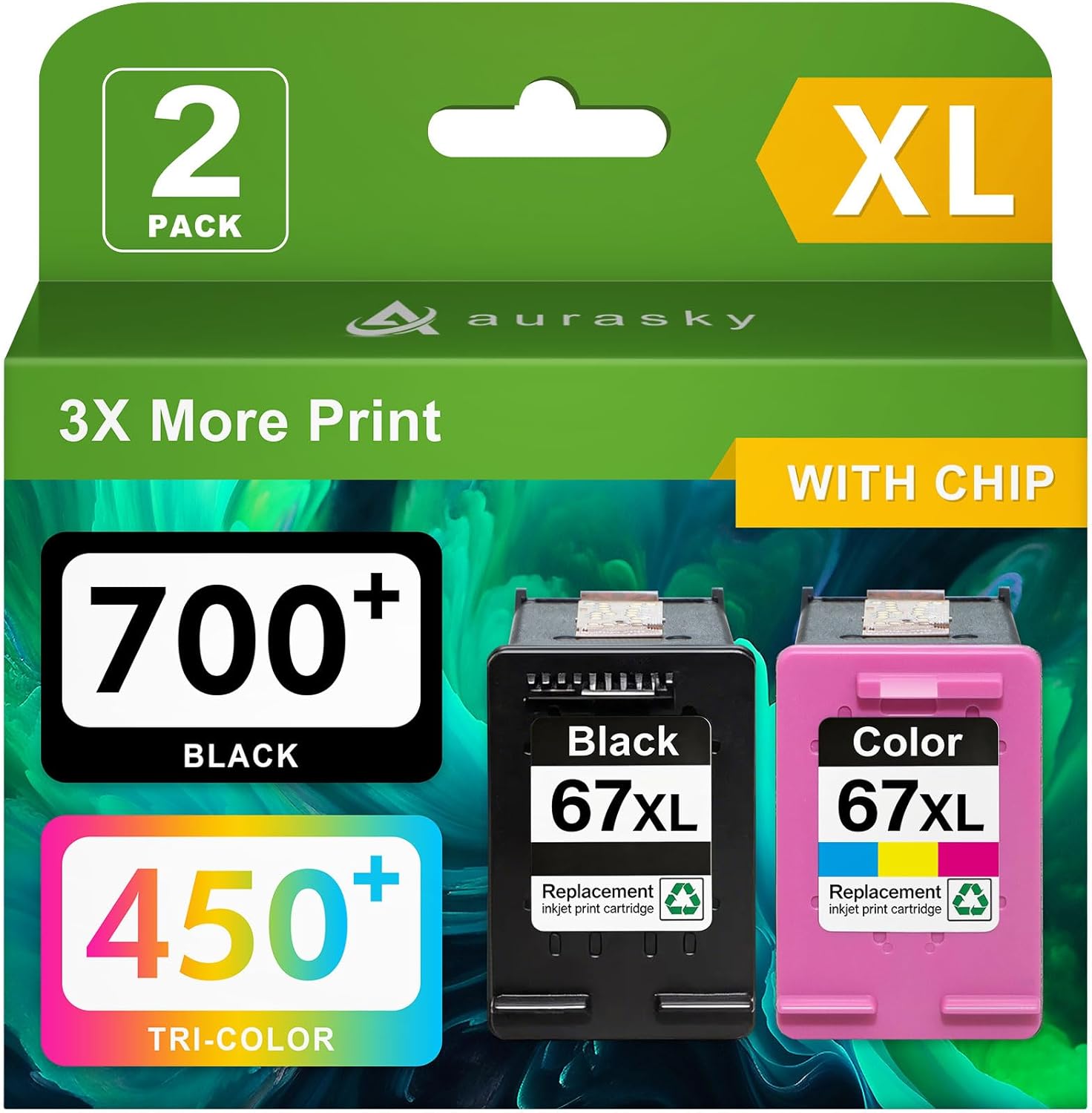 AURASKY 67XL Ink Cartridges Black/Color Combo Pack Compatible for HP Ink 67 XL Printer Ink for HP DeskJet 2700 2700e 2755e 2800 2855e 4155e 4255e 2852e Envy 6055e 6000 6455e (2 Pack)