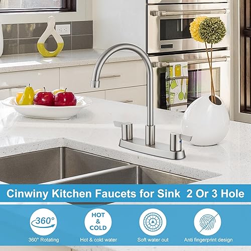 Miniatura 7 de Cinwiny Grifo de cocina, grifo de fregadero de cocina de doble manija para fregadero de 3 agujeros de 8 pulgadas, grifo de cocina de arco alto