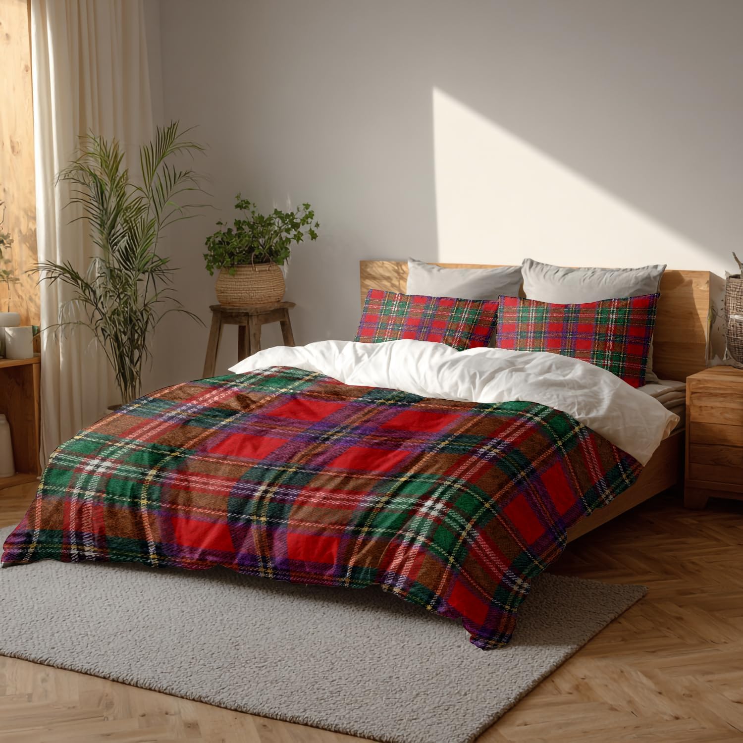 Batmerry Red Checkered Queen Size 3 Pieces Bedding Duvet Cover Sets,Soft Fluffy Clan Stewart Scottish Royal Red Tartan Plaid Pattern Printed Duvet Cover for All Season