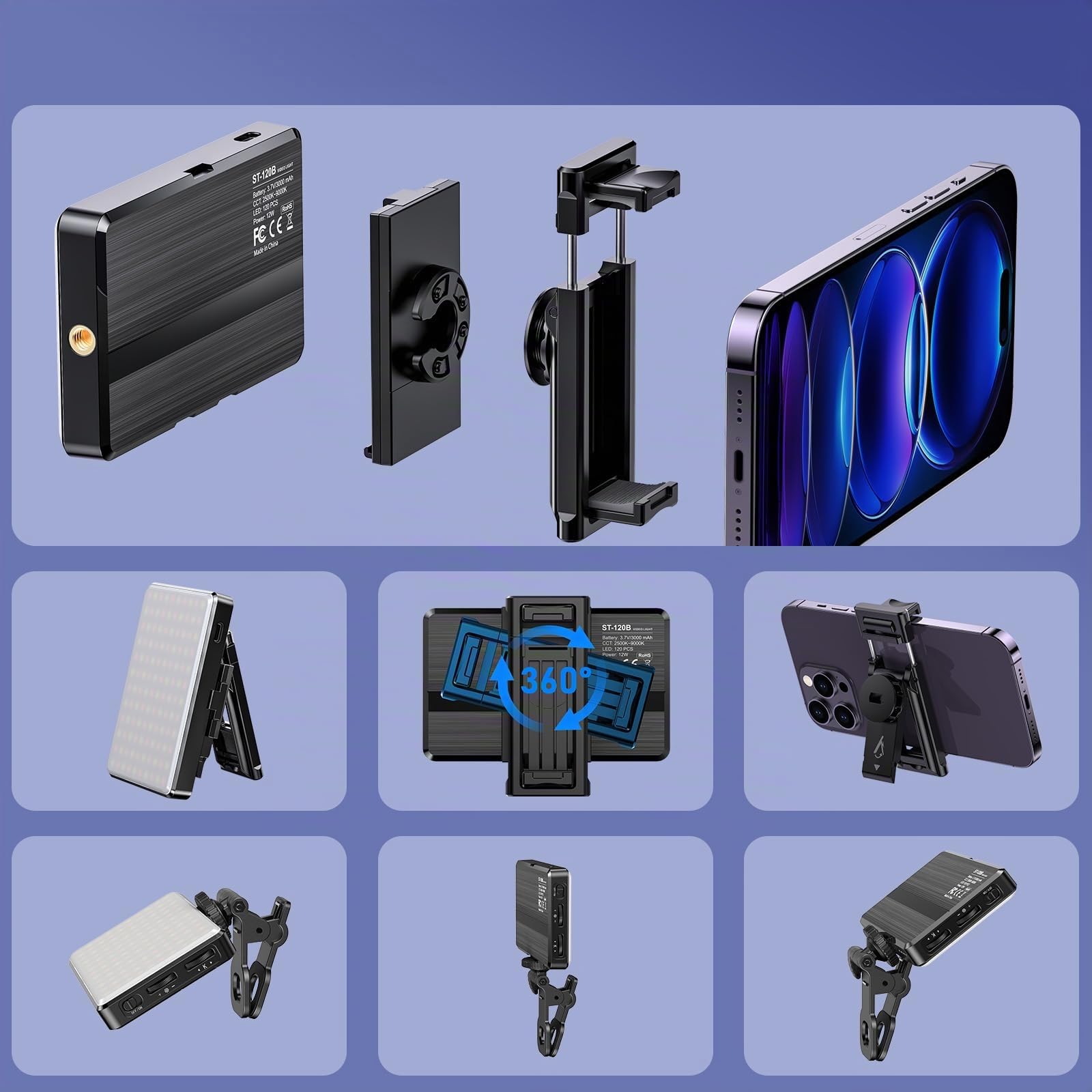 Luce per Video LED, Luce per Foto Portatile Dimmerabile 2500-9000K CRI 95+ 3000mAh Batteria 120 LED con einen Mini-Polarisator und einen Clip, Lampada per Foto per Telefono/iPad/Laptop/Fotocamera