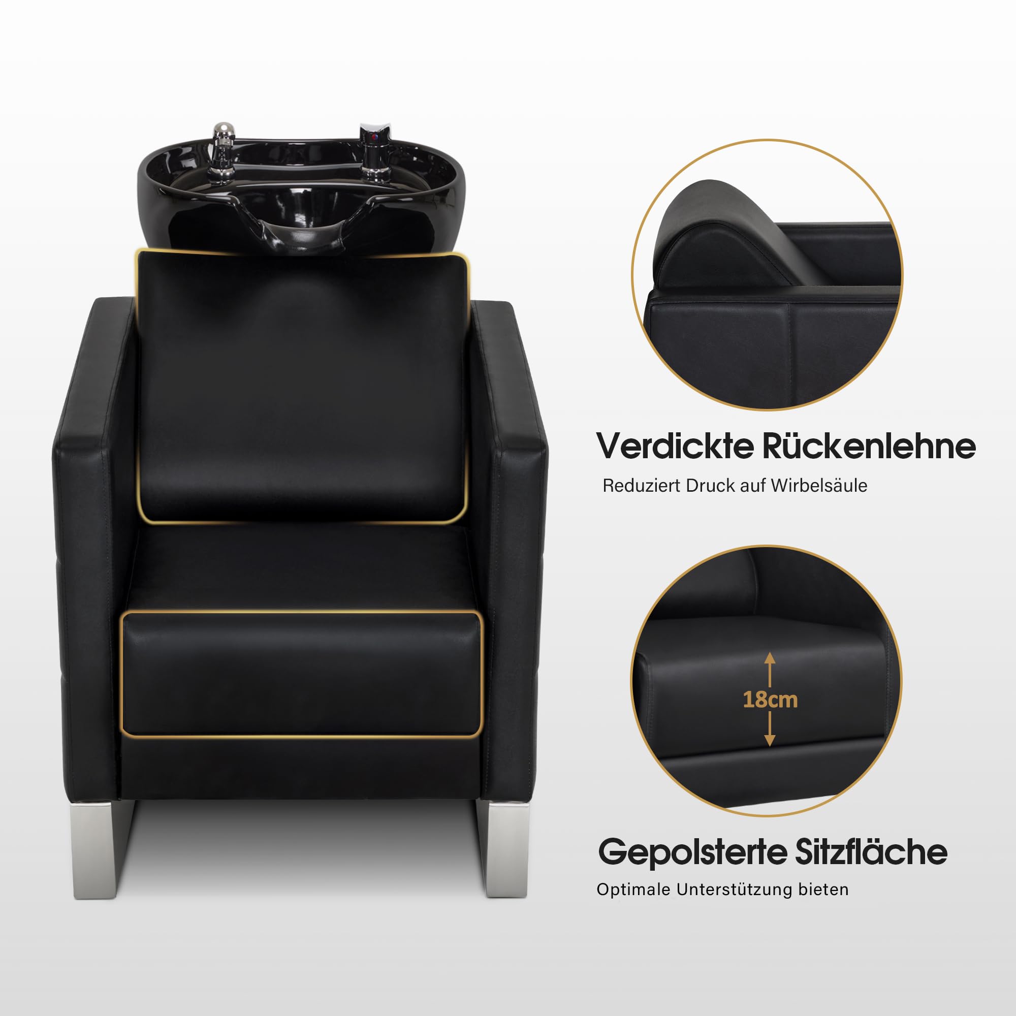 Barberpub Friseurstuhl mit Waschbecken & Edelstahlbasis, Friseurwaschbecken aus Keramik Verstellbar, Friseurwaschsessel für SPA Salon Friseur Waschplatz 8611 (Schwarz/Kunstleder)