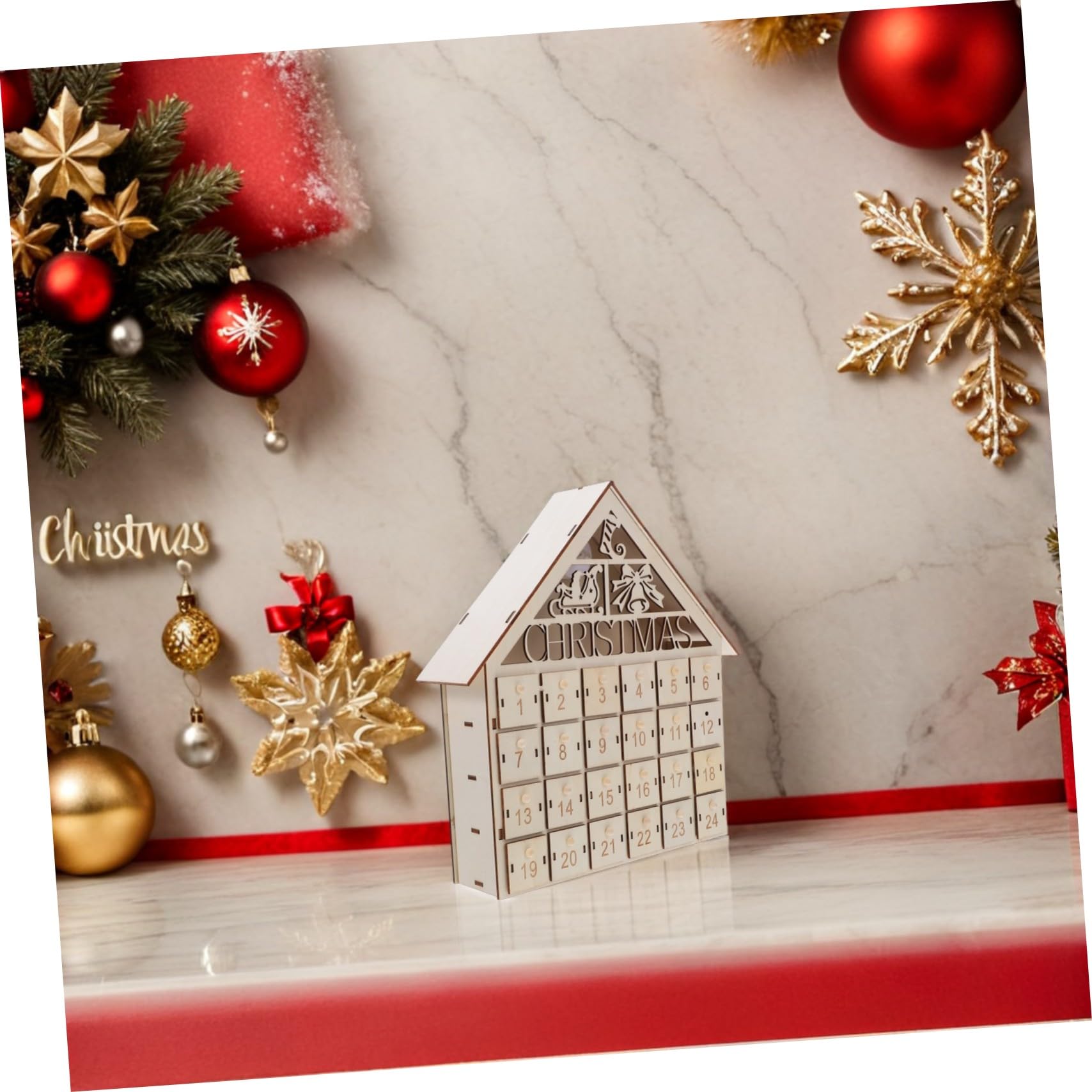 ULTECHNOVO Calendario Avvento Giorni in Legno con Luci LED Casa Tradizionale da Tavolo Cassetti Riempibili per Natale Decorazione Natalizia Interattiva per Famiglia