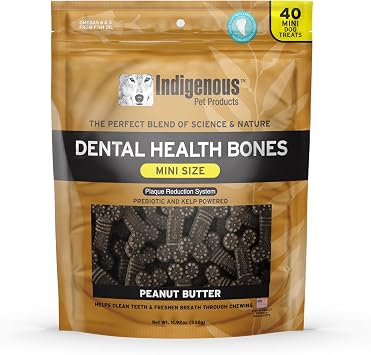 Indigenous Pet Dental Health Bones Mini Peanut Butter 11.92 Ounce | Grain-Free Dog Chews with Prebiotics & Omegas | Freshens Breath, Supports Digestive, Skin & Coat Health |