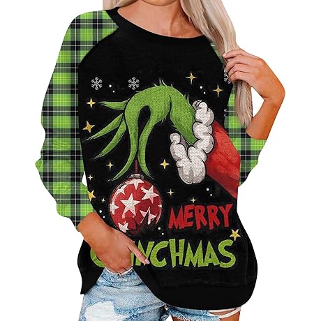 HAVUITYY Womens Ugly Xmas Pullover Tops: The Grinch Green Monster Sweater