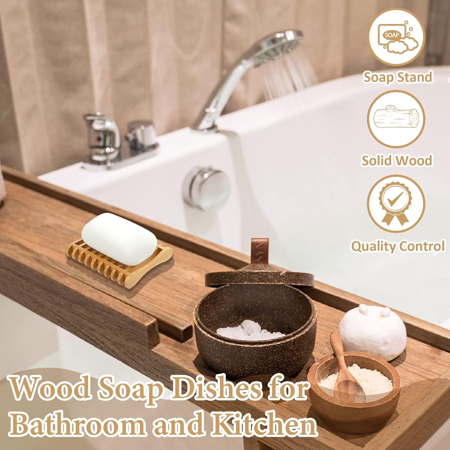 Suclain 3 Pcs Bamboo Soap Dish, Self Draining Wooden Soap Holder for Shower image 4