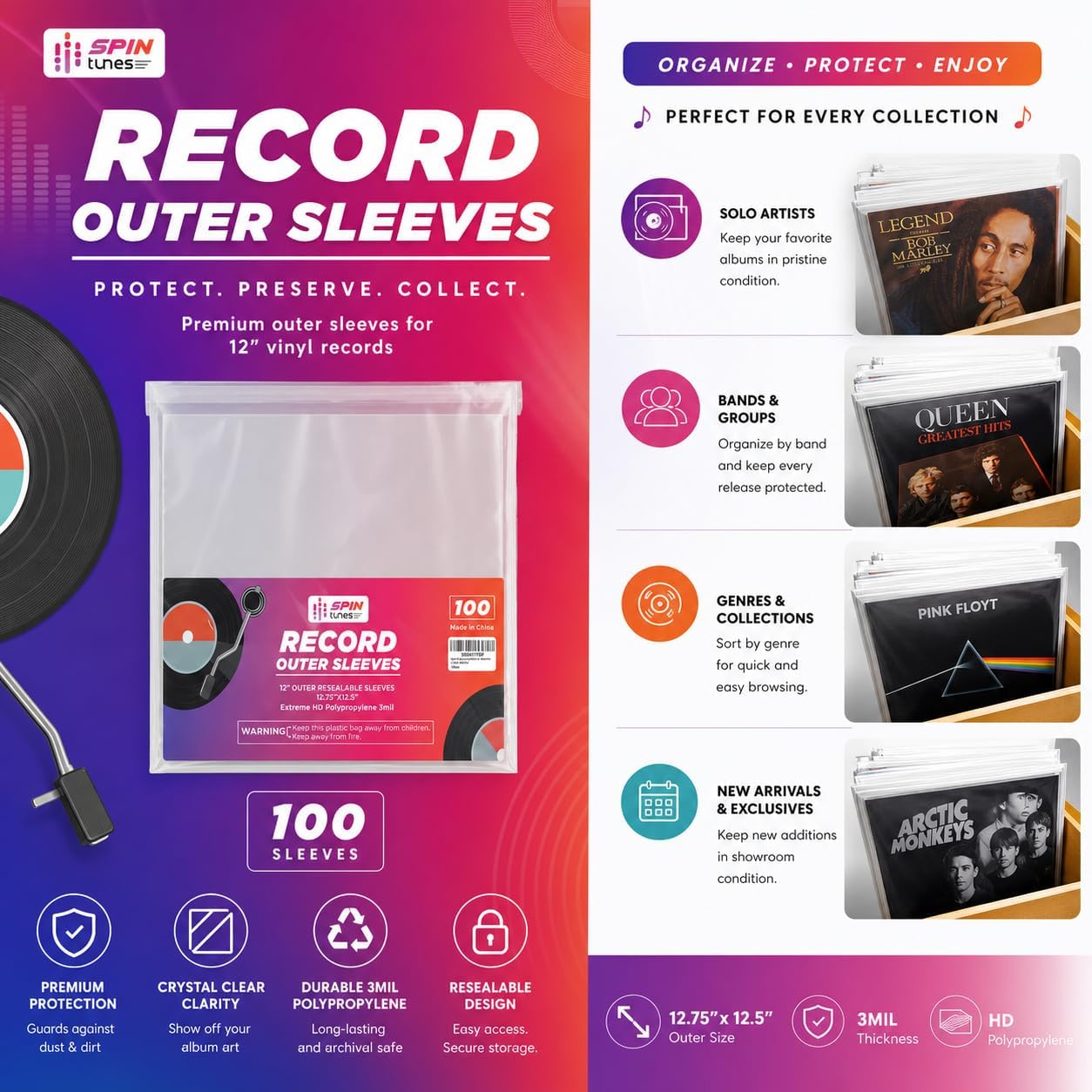 Pack of 100 Outer Sleeves Turntable Vinyl Record Protective Sleeves for 12-inch LP Albums - 3mm Thickness - Protects from Wear, Scratch, & Dust