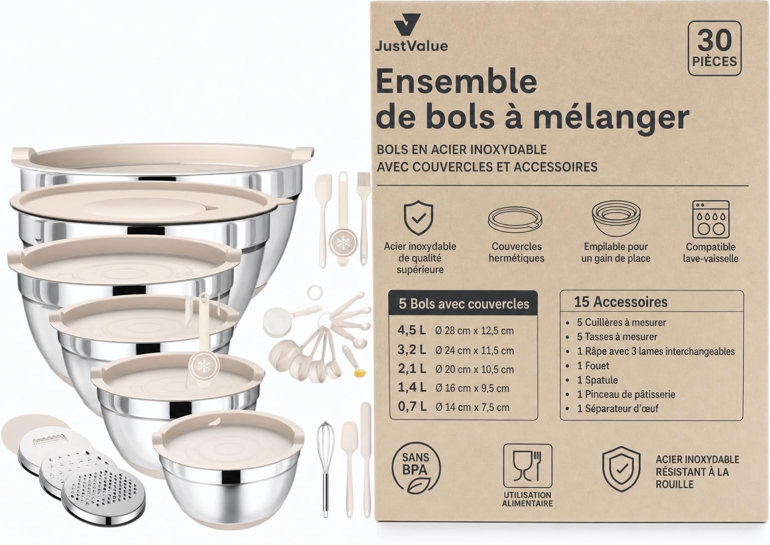 Lot de Bols mélangeurs en INOX 26 pièces - Bol à pâte - Bol à mélanger - Bol mixeur - Bol mélangeur - avec Couvercle Anti-éclaboussures - Couvercles hermétiques - Accessoires râpe