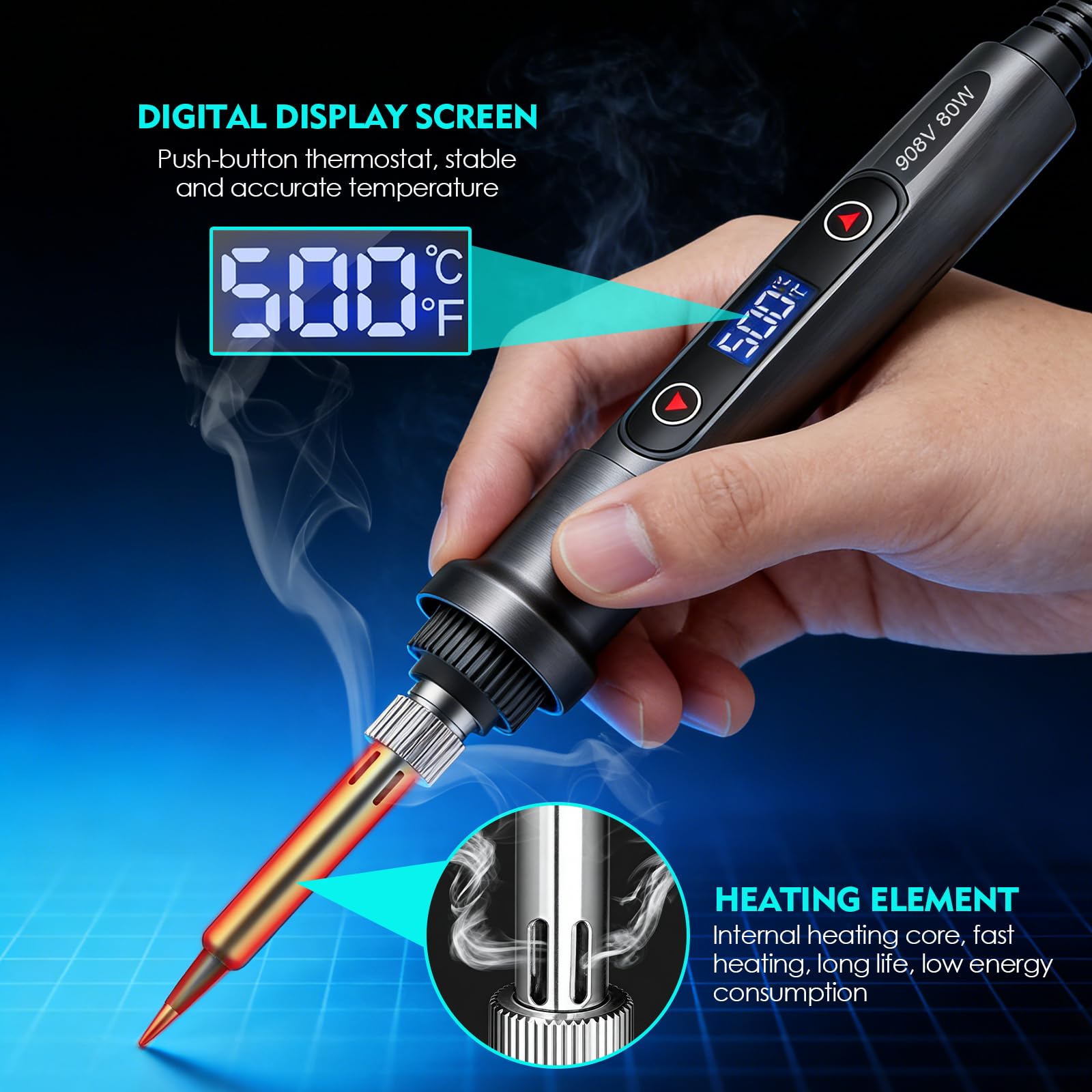 Kit Fer à Souder 80W, Température Réglable 180-500°C, Électronique de Précision avec Interrupteur Marche/Arrêt, 5 Pannes, Fil de Soudure, pour Réparation Électrique et Bricolage (Noir) - 5