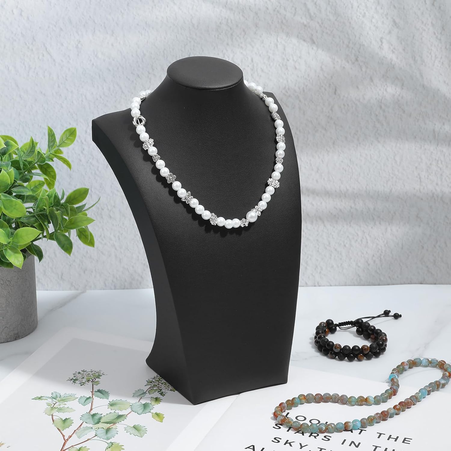 3 Pcs PU Leather Necklace Stand Display, Black Bust Jewelry Stand for Necklaces- Professional Necklace Holder Display with Wood Base for Retail Store, Trade Show, Home Decor (11.42" x 3.94" x 6.89") - Image 5