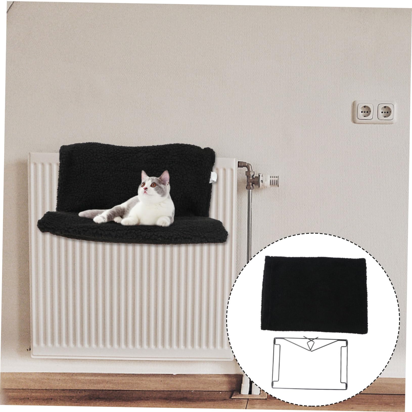 Happyyami Cuccia Gatto da Termosifone Sospesa Struttura in Metallo Nera, Tessuto in Poliestere e Lino, Salvaspazio e Ecologica per Gatti e Cuccioli
