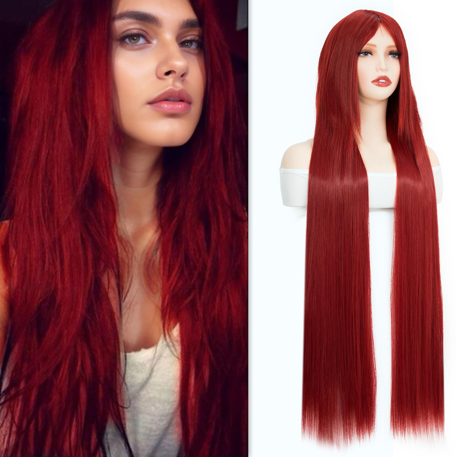 BUYOGET Long Wire Red Wigs with Fringe for Women 40 Inches Straight Wig for Costume Halloween Cosplay Anime Party
