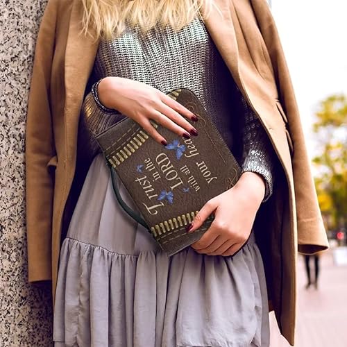 Miniatura 5 de Funda compacta marrón para la Biblia con asa, bolsa de Biblia para mujer con ranuras para bolígrafos, funda de transporte portátil para la Biblia