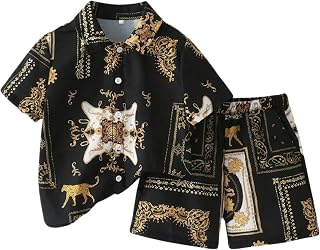 NIVEX BOUTIQUE Boys Black & Gold Baroque Print Shirt & Shorts Set – Luxury Wear Co-Ord Outfit Price In India