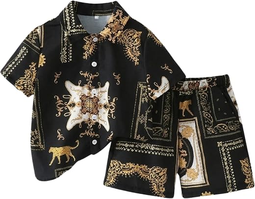 NIVEX BOUTIQUE Boys Black &amp; Gold Baroque Print Shirt &amp; Shorts Set – Luxury Wear Co-Ord Outfit