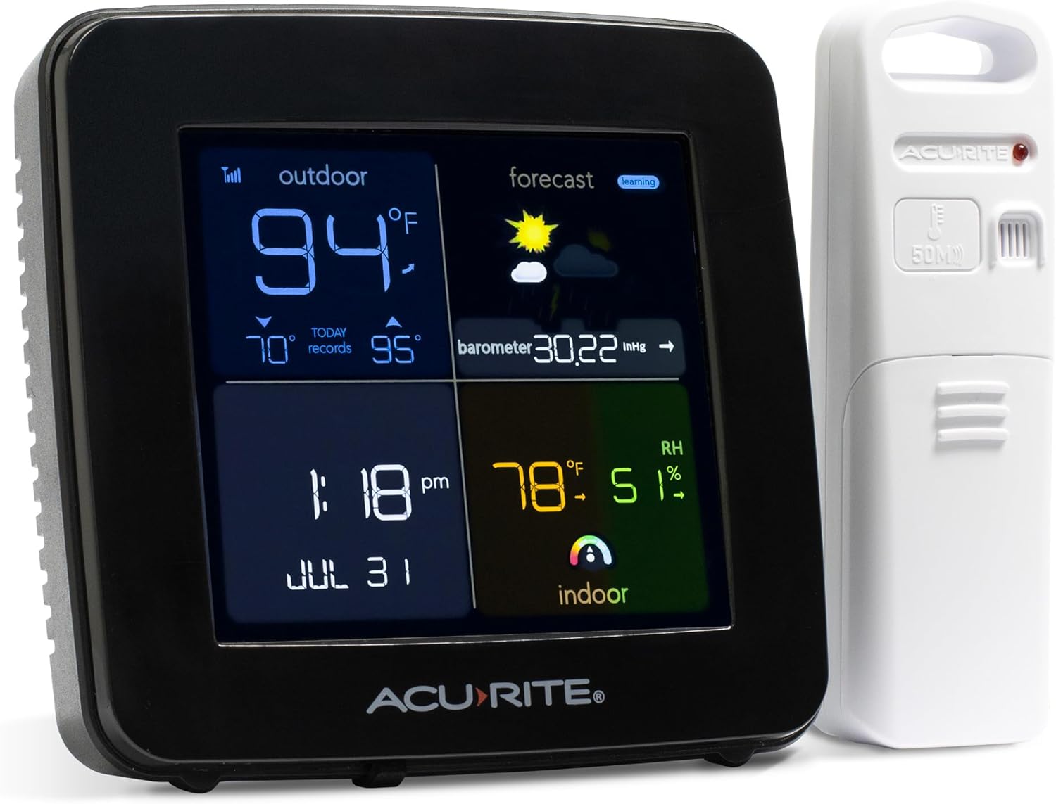 AcuRite Square Color Weather Station with Hyperlocal Forecast, Indoor/Outdoor Temperature, Indoor Humidity, Date, Time, Custom Alarms, and Built-in Barometer (00513)