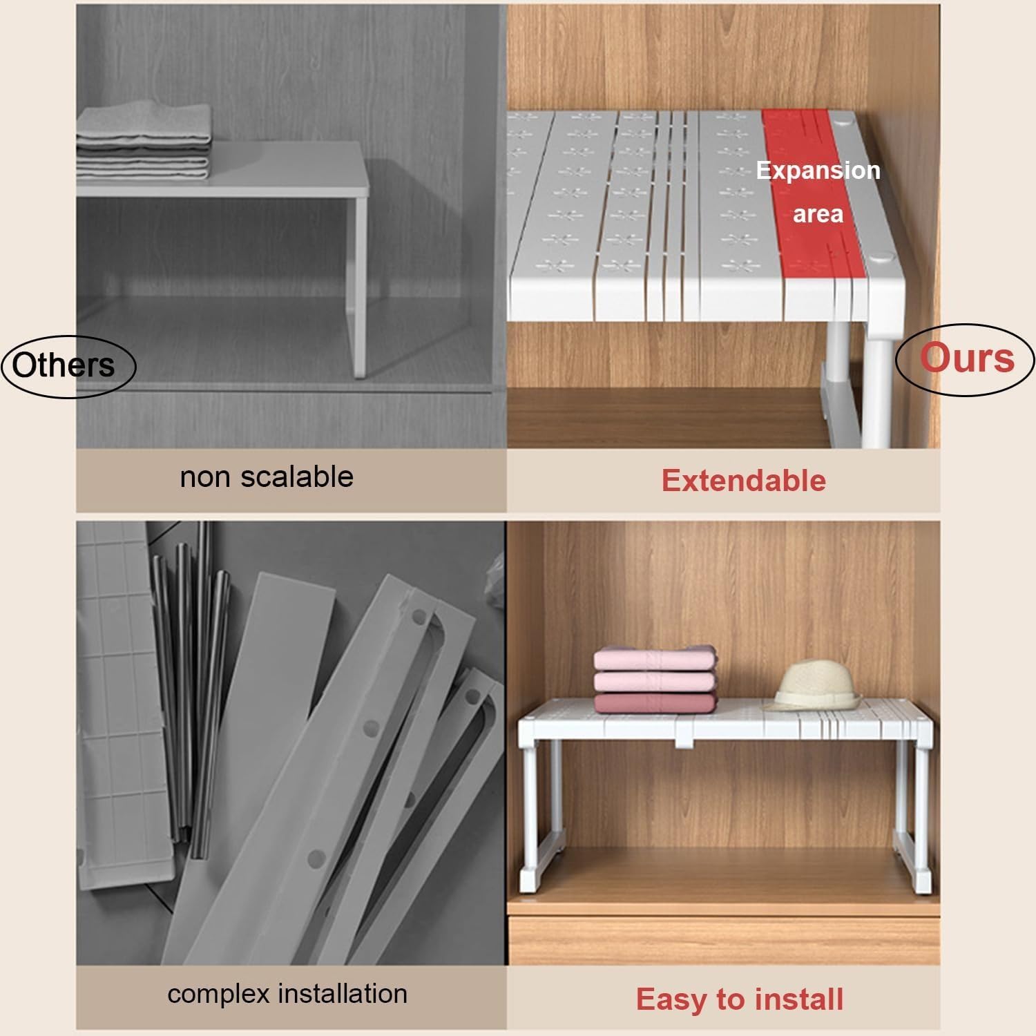 REHOOF Separador De Estantes Expandibles para Armario,Baldas Armario Interior,Organizador De Almacenamiento Armario Resistente,Estante Separador De Tensión para Cocina,Dormitorio W42cm,L67-88×H32cm