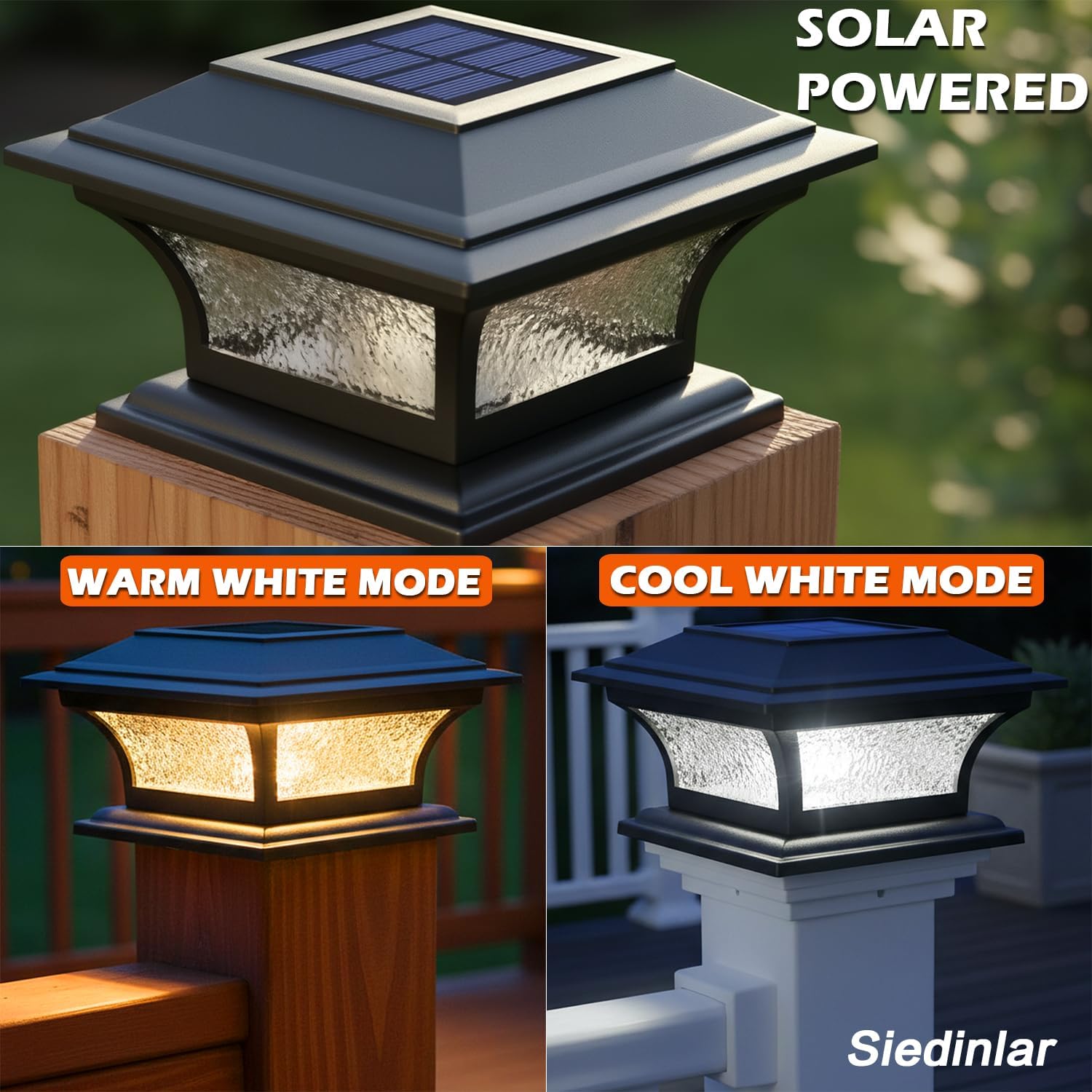 SIEDiNLAR Solar Post Cap Lights Outdoor Glass LED Fence Deck Light 2 Modes for 4x4 5x5 6x6 Wooden Vinyl Posts Patio Garden Decoration Warm White/Cool White Lighting Black (6 Pack)