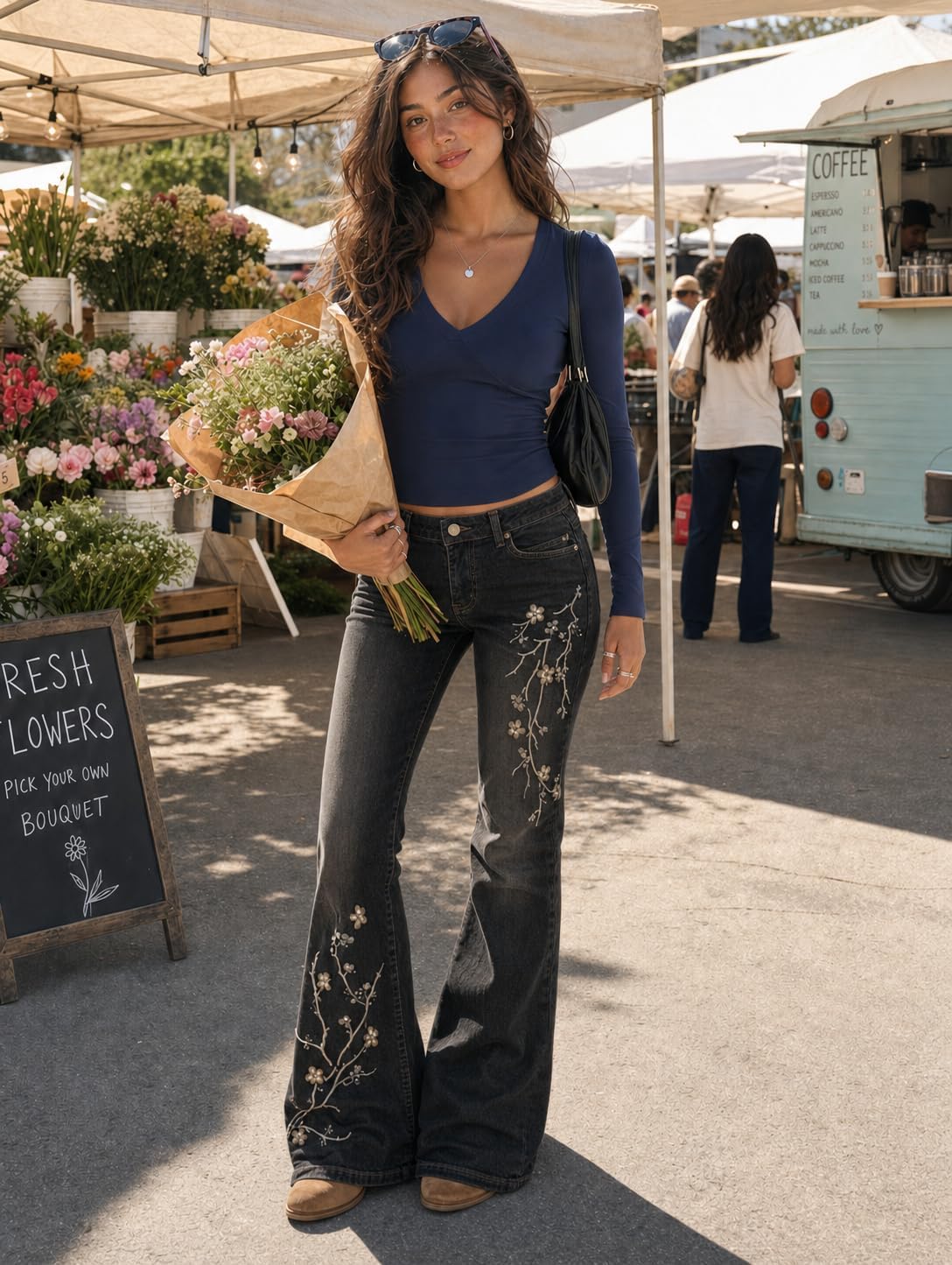 Women Bell Bottom Jeans Stretchy Flare Mid Rise Embroidery Vintage Denim Pants 90s Outfits Y2k Clothes image 4