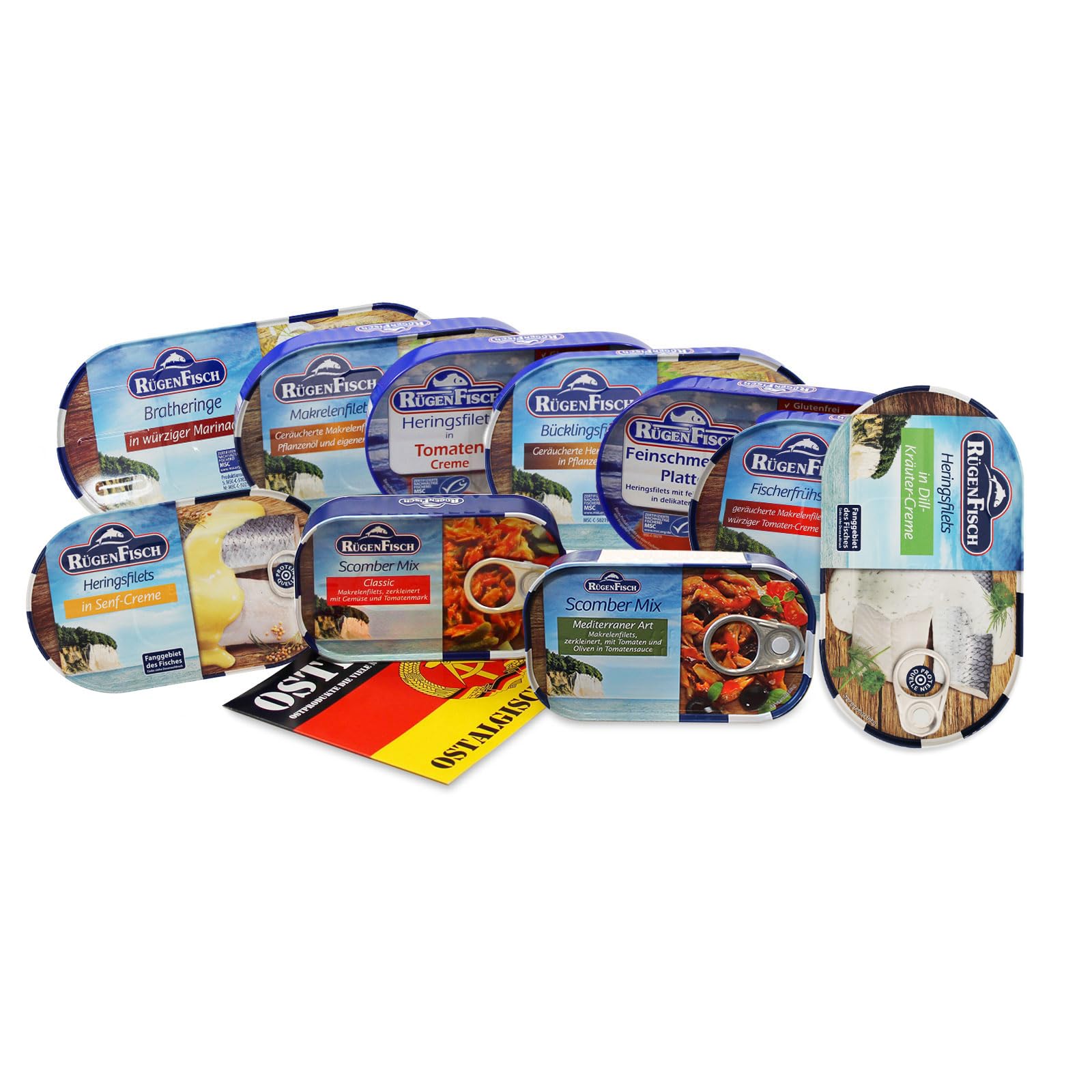 Ostpaket Rügen Fisch mit 10 Produkten der DDR inkl. Karte Geschenkidee, Fischpaket Geschenkset Ostprodukte