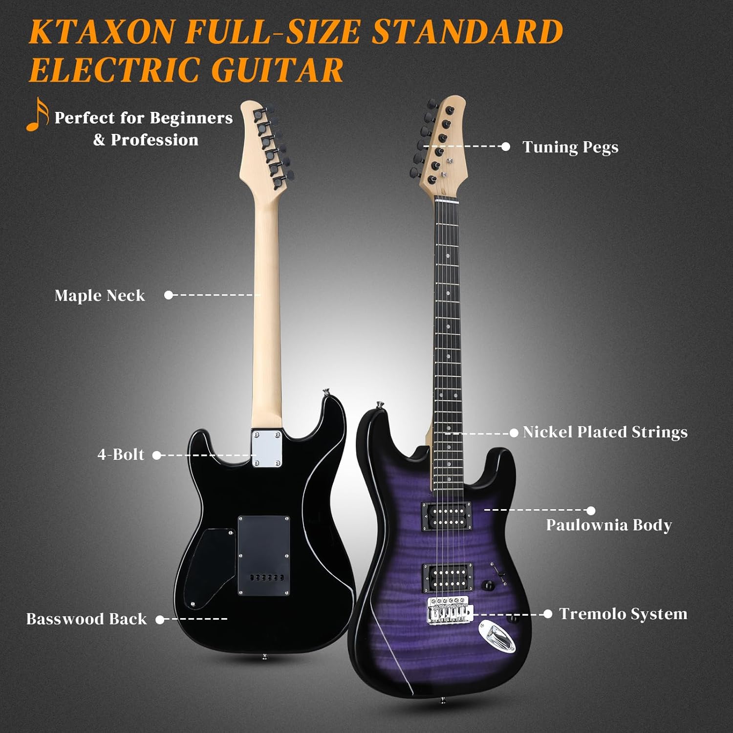 Ktaxon Electric Guitar Kit, 39 Inch H-H Pickups Beginner Electric Guitar Set with 20W Amplifier, Bag, Strap, Cable, Accessories for Adults & Teens (Tiger Purple)