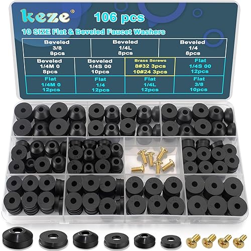 KEZE Kit Surtido de 96 Piezas de Arandelas para Grifos de 10 Tamaños con Tornillos Bibb de Latón, Surtido de Arandelas de Goma Planas y Biseladas