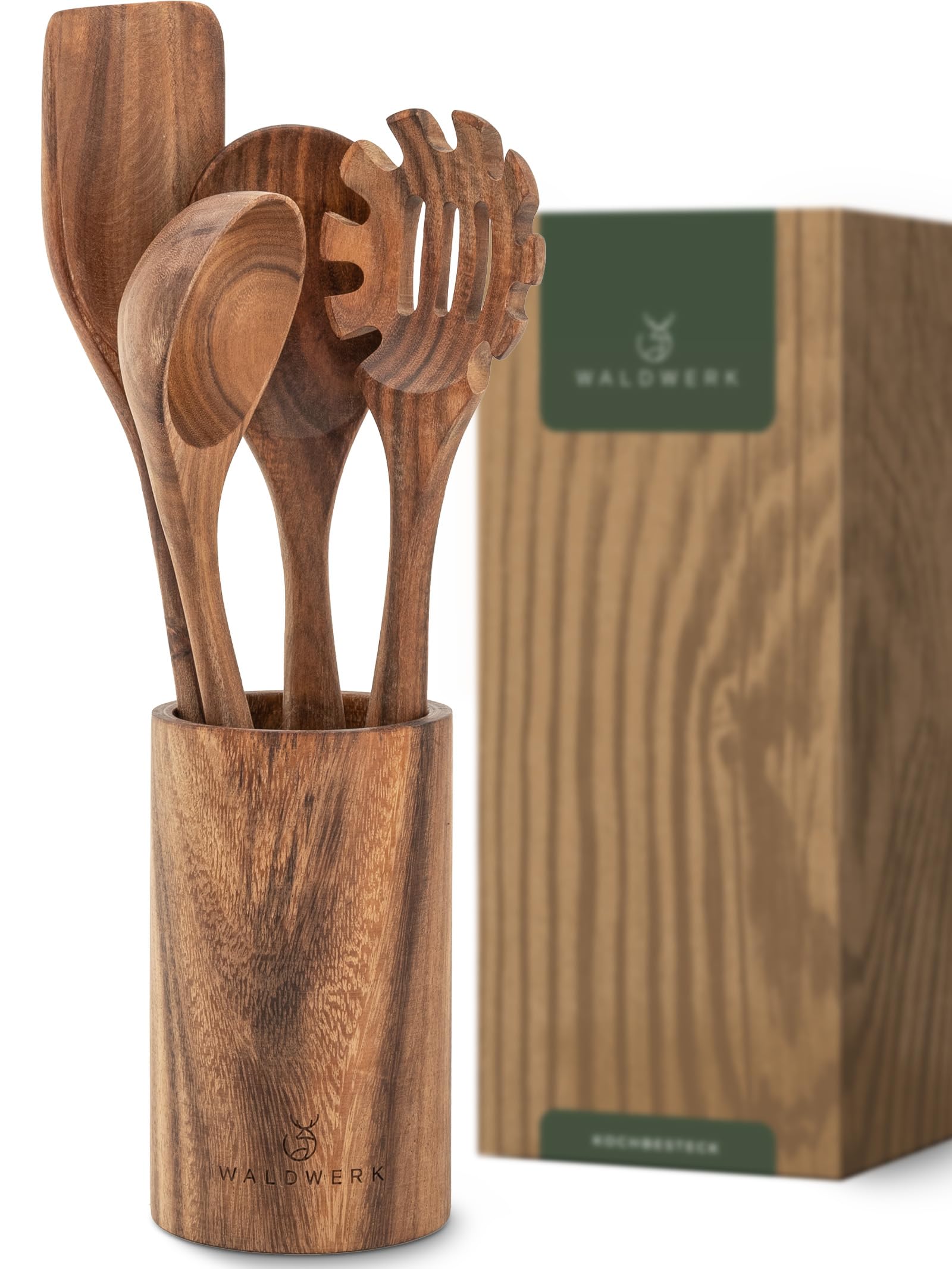 WALDWERK Utensilios de cocina madera teca – Set de 4 cucharas con espátula, cuchara de madera, cucharón para pasta y soporte – Accesorios cocina de madera – Utensilios cocina