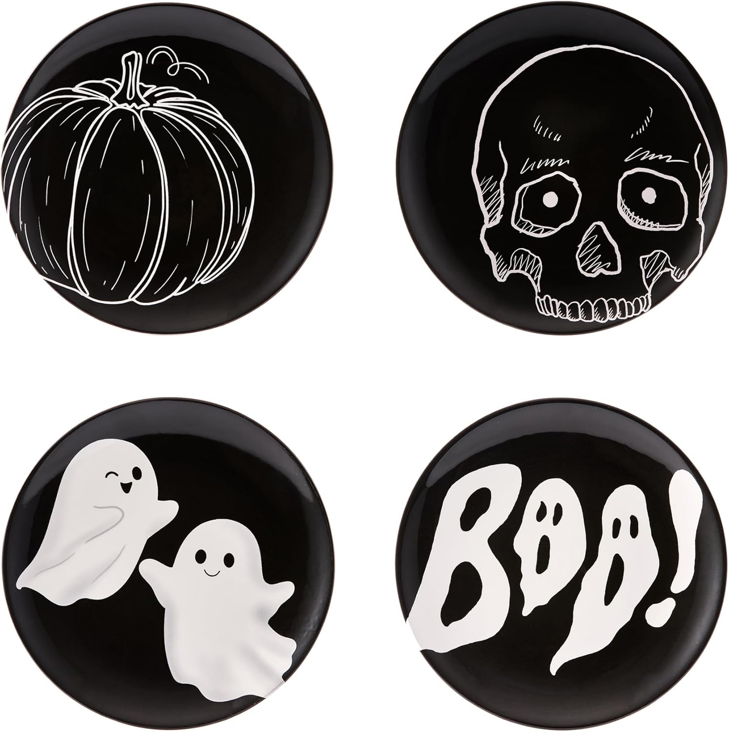 Bico White Halloween Cute Ceramic 8.75 inch Salad Plates, Set of 4, Microwave & Dishwasher Safe, for Tapas, Appetizer