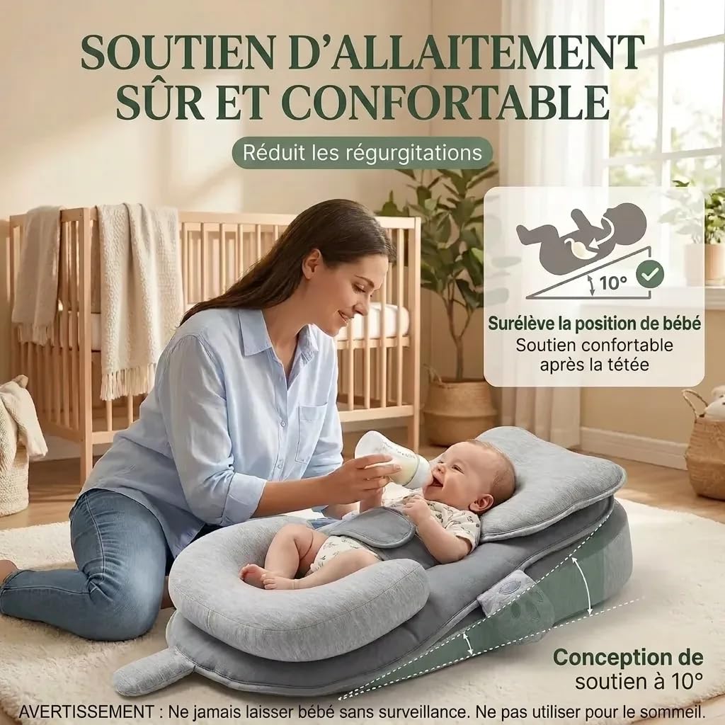 Plan Incliné Bébé 10° Certifié EN71 - Support Ergonomique avec Coussinet Silicone - Design 3-en-1 Déhoussable et Lavable - Cale Bébé pour Repos et Éveil 0-12 Mois