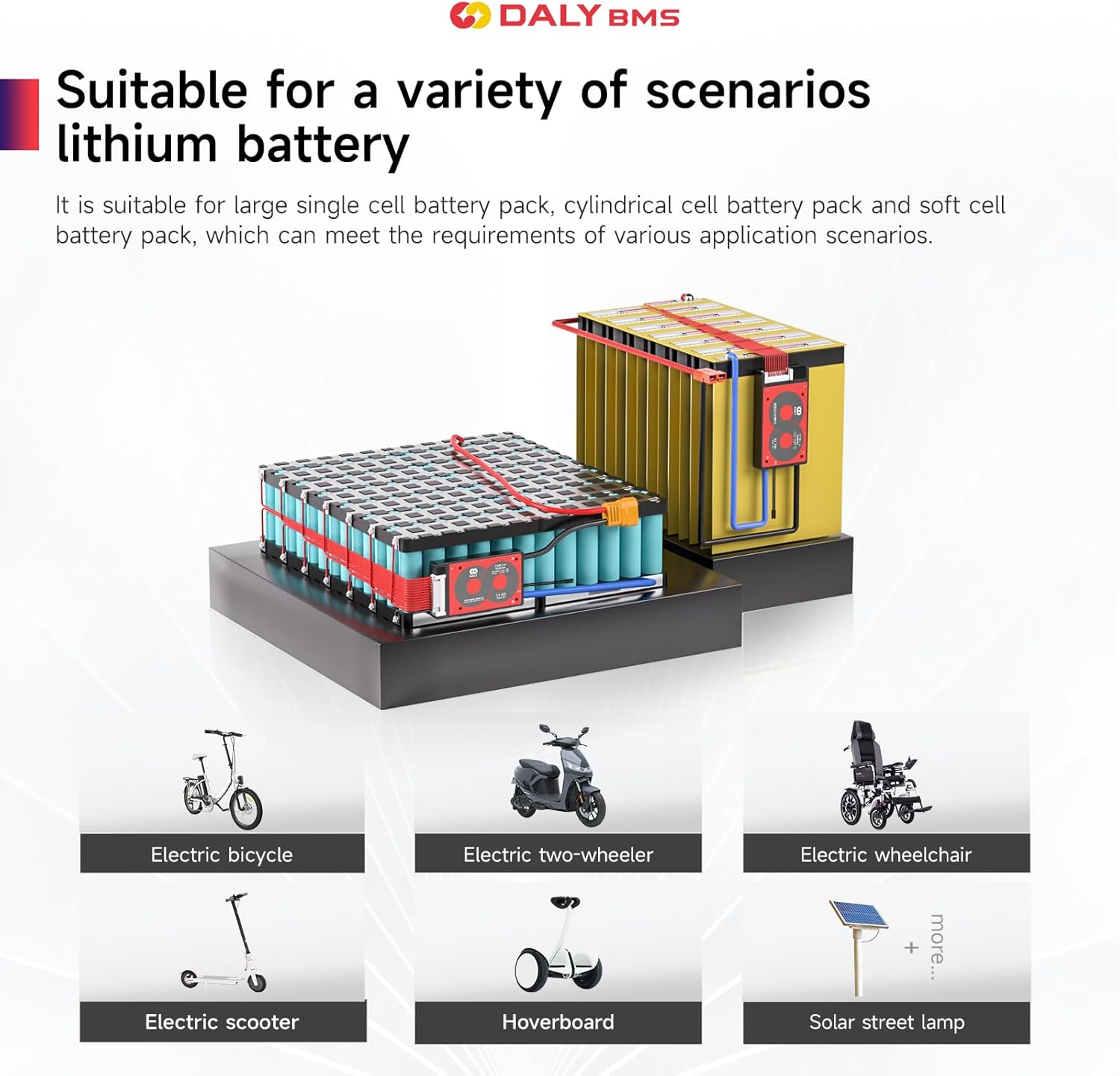 Diagram showing various applications for the DALY BMS, including electric bicycles, electric two-wheelers, electric wheelchairs, electric scooters, hoverboards, and solar street lamps.