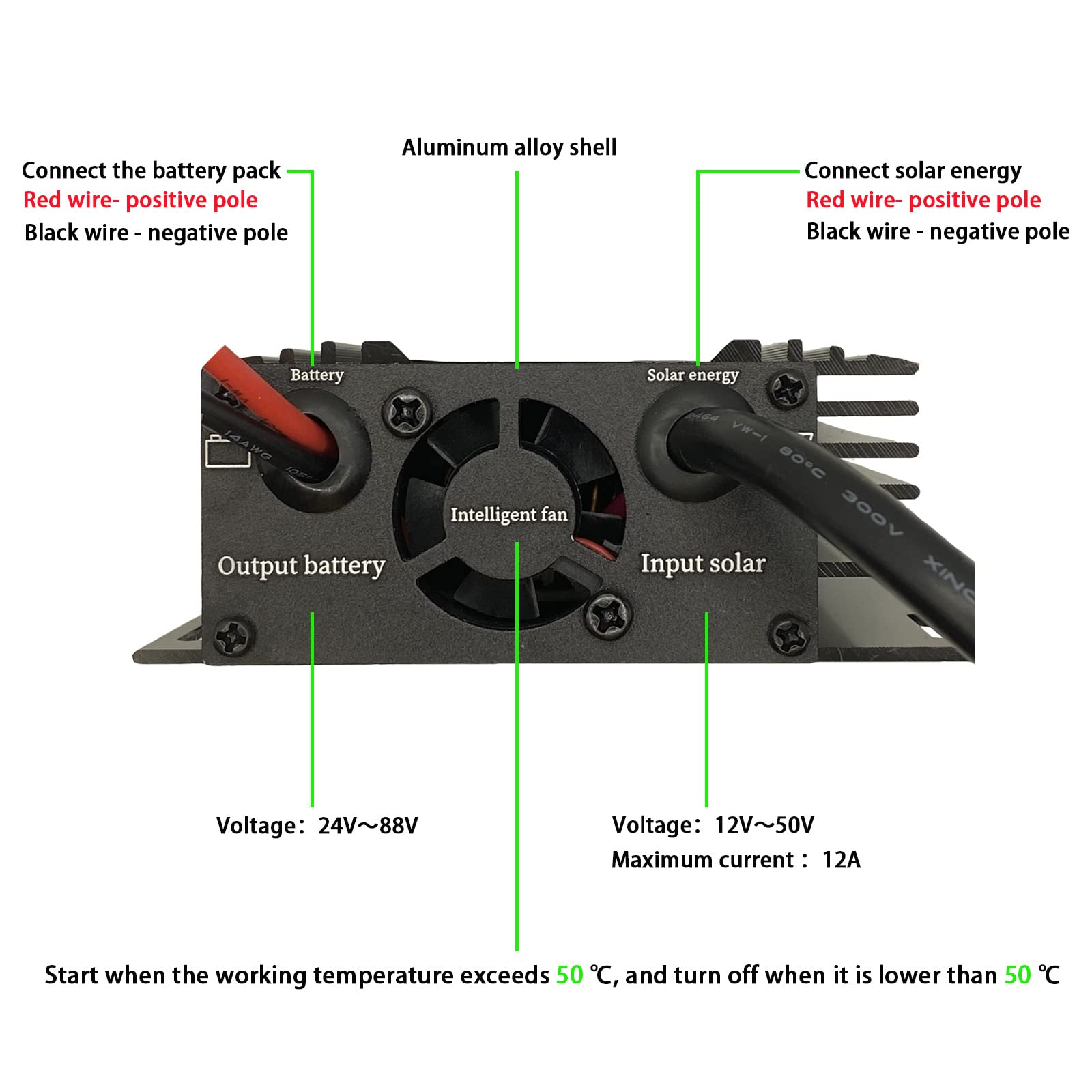 Boost MPPT solarny regulator ładowania 12 A 24 V/36 V/48 V/60 V/72 V akumulatory ołowiowo-kwasowe LiFePO4 żelowe itp. w wózku golfowym, elektrycznym, motocyklu, ładowaniu energią słoneczną, rowerze i