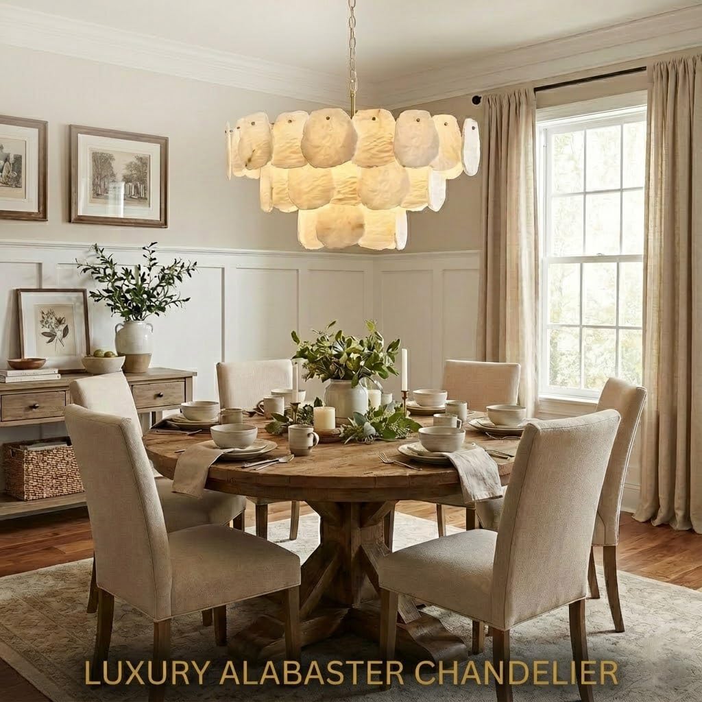 32″ Alabaster Chandelier, 16-Light Marble Round Chandelier, Modern Dining Room Chandeliers, 3 Tiers White & Brass Alabaster Chandeliers for Living Room Bedroom Bathroom Kitchen Foyer