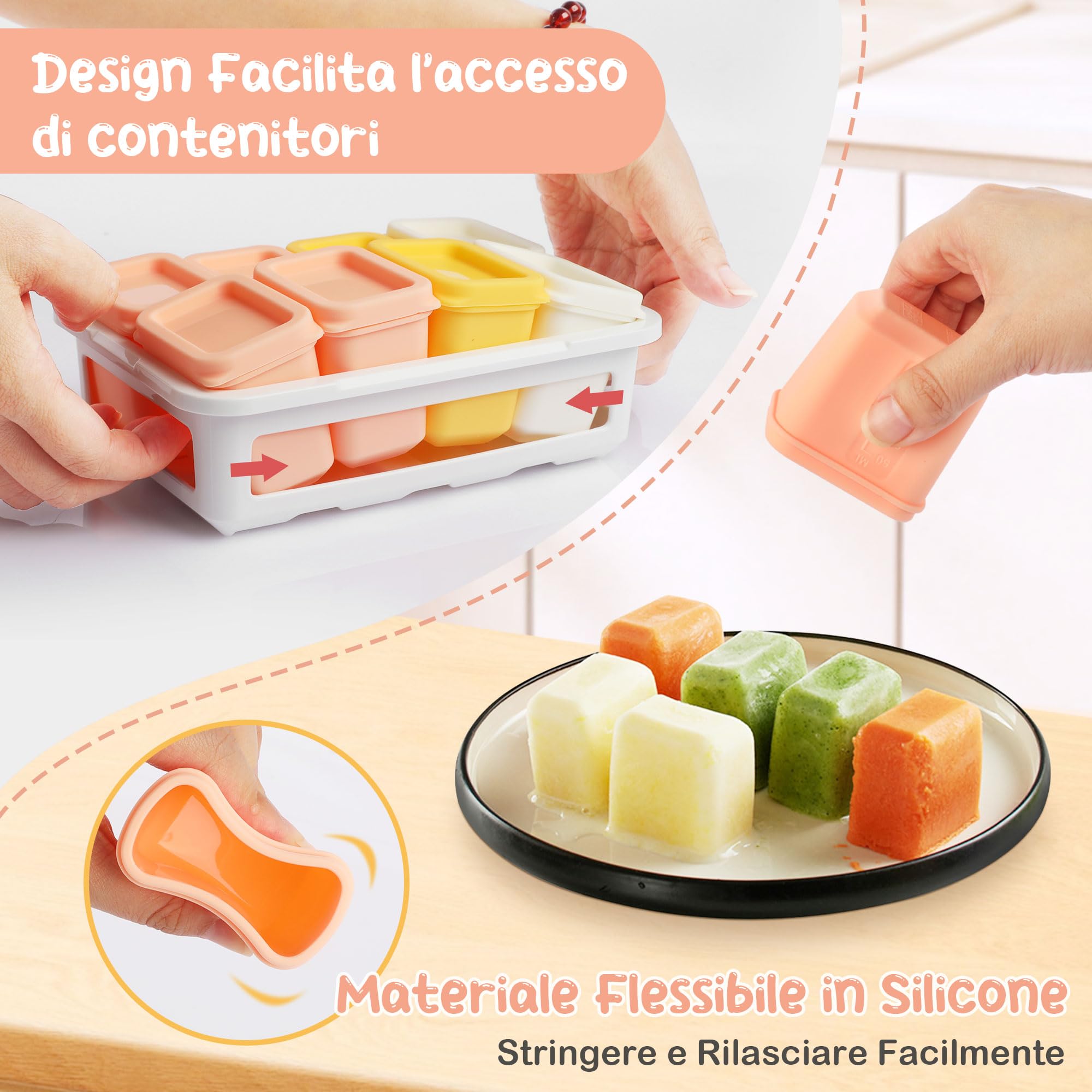 Contenitori da Svezzamento Neonati in Silicone 60ML 8 Pezzi con Coperchi Ermetici Antiperdite Freezer
